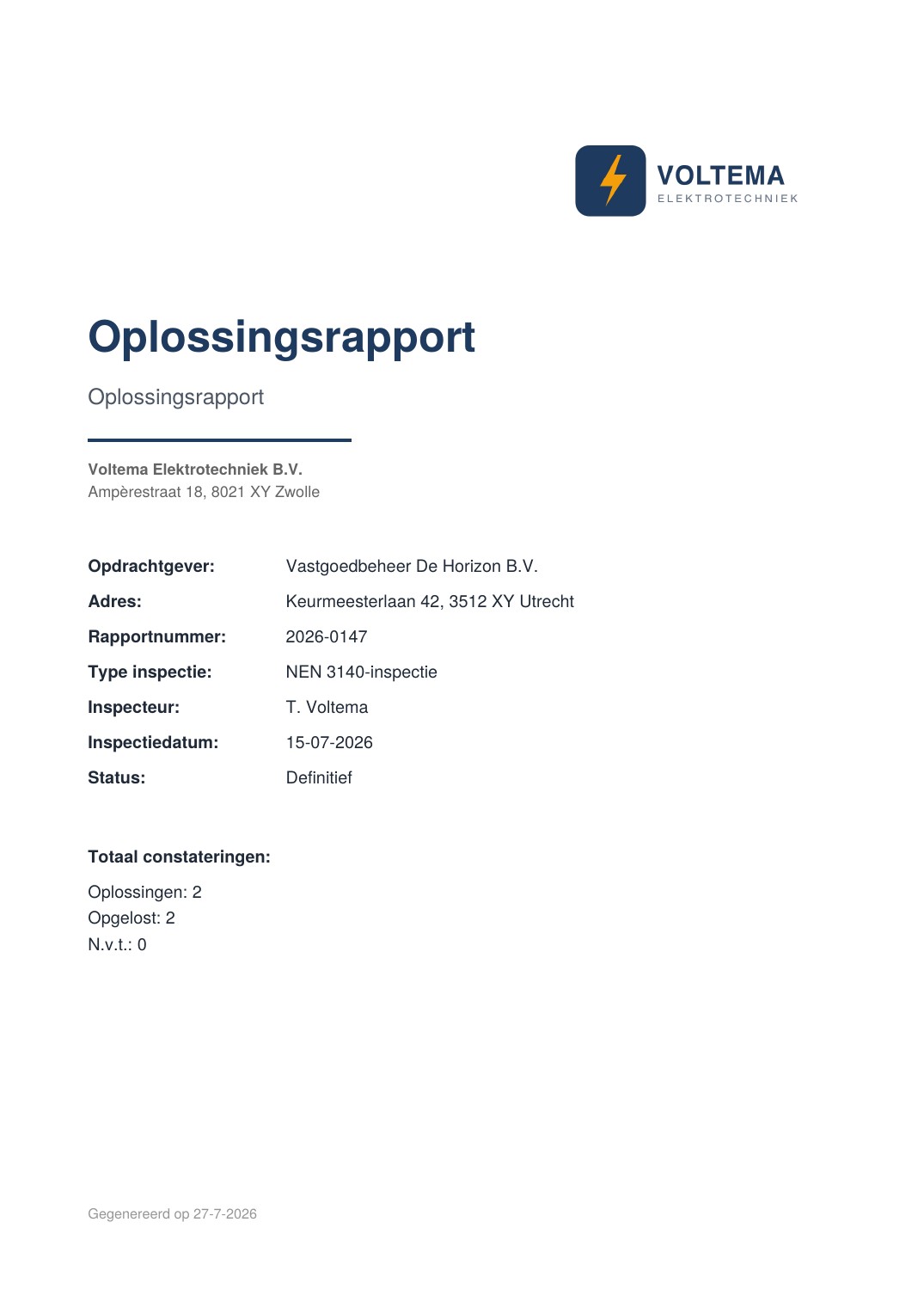 Voorpagina van het herstelrapport met opdrachtgever, adres, rapportnummer, norm en inspectiebureau